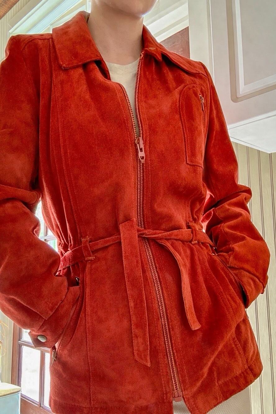 Vintage Red Suede Jacket - Belted Zip Front Western Boho Leather Coat - Small
